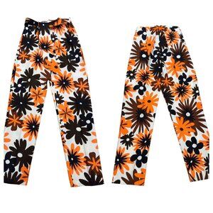 VTG Retro 1970 Orange, Black, Brown Flower Power Pants, Sz 26 Waist, Tapered Leg